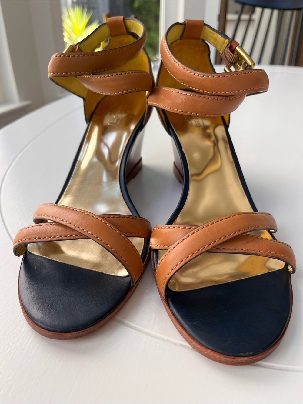 Coach Neutral  Tan Ankle-Strap Wedged Heals